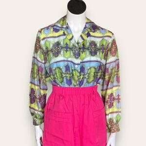 Vtg  polyester button down green purple & blue sleeves size 32